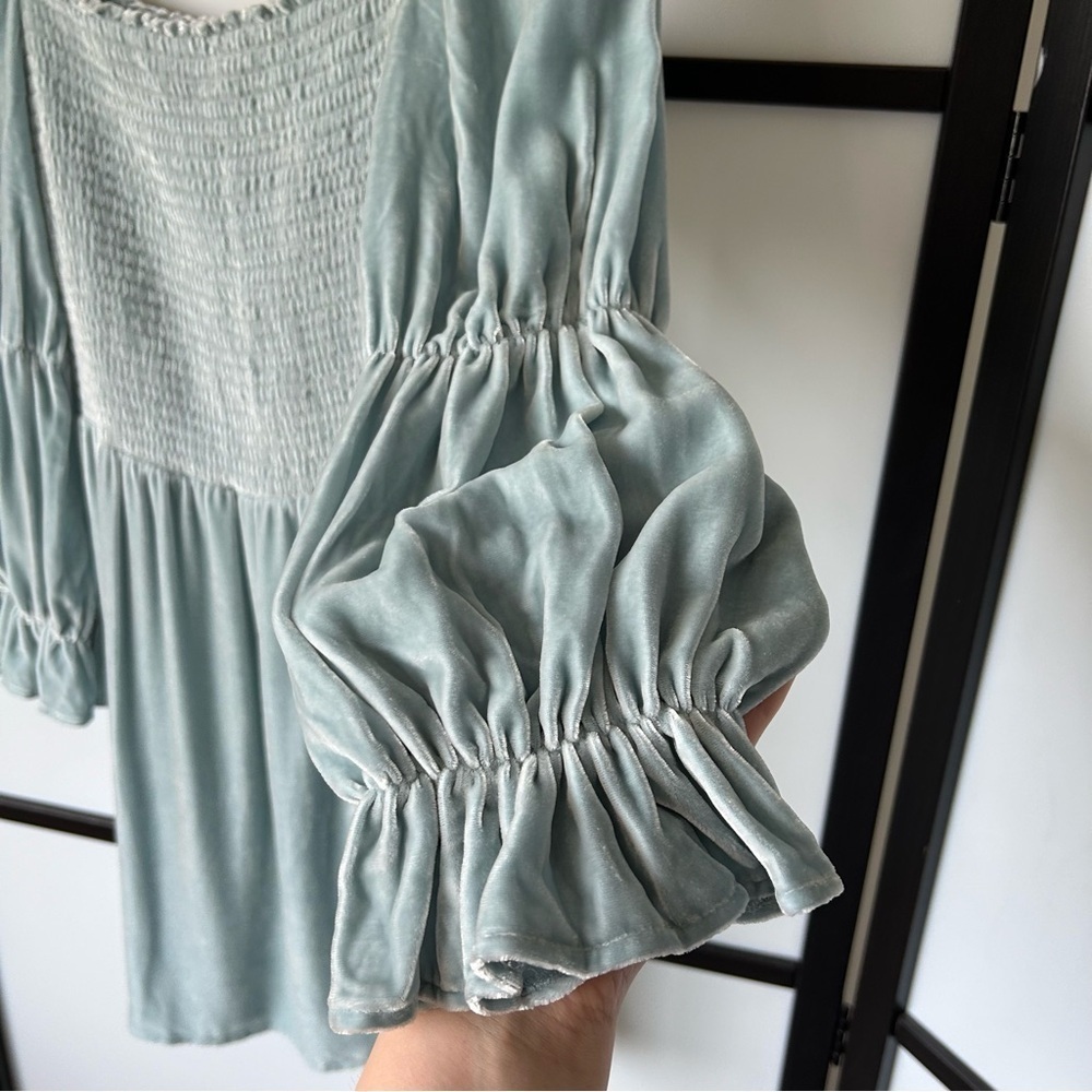 [M] BNWT Reformation Albi Dress In Turquoise Velvet Ruffle Sleeve Mini Dress - Picture 7 of 15